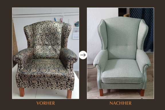 Vorher-Nachher-Bild eines Ohrensessels. Links mit abgenutztem gemustertem Bezug, rechts mit neuem, hellgrünen Bezug.