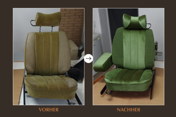 Vorher-Nachher-Bild eines Autositzes mit grünem Samtbezug.