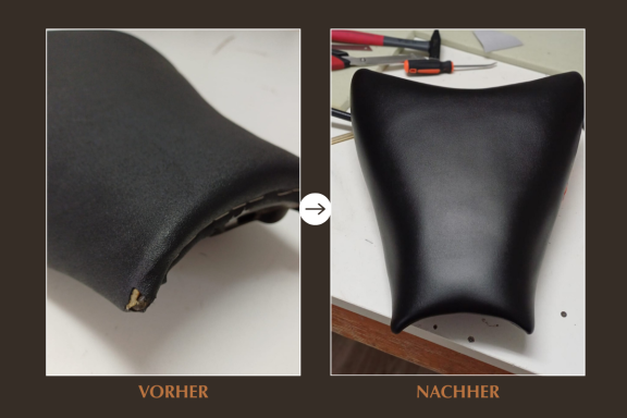 Vorher-Nachher-Bild eines schwarzen Lederpolsters.