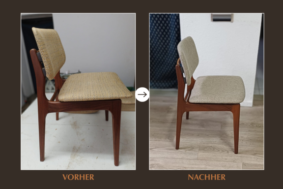 Vorher-Nachher-Bild eines Küchenstuhls aus Holz mit hellem Textilbezug.